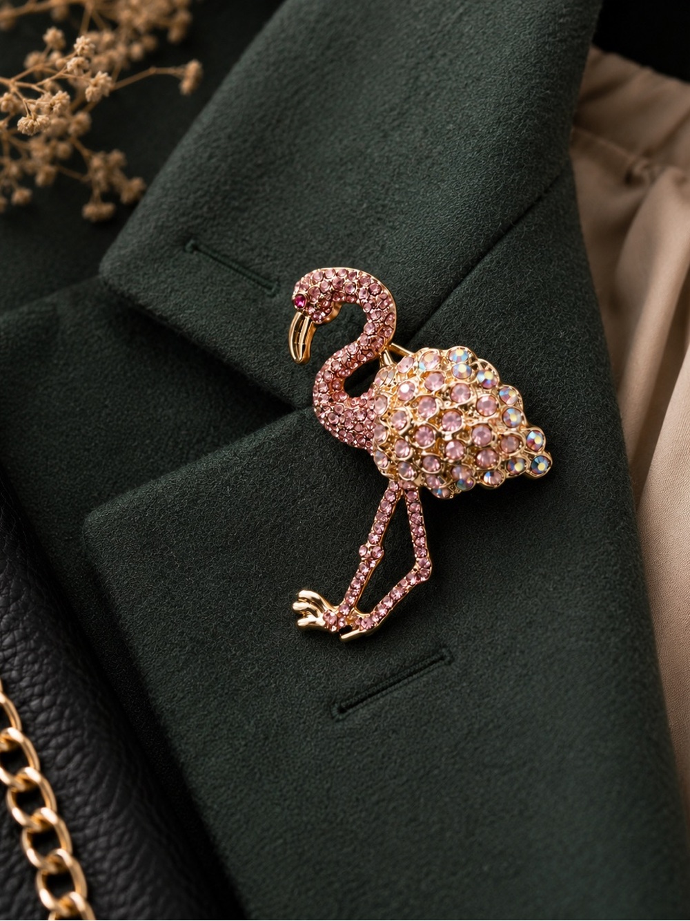 Elegant Pink Rhinestone Flamingo Brooch Gold Tone Statement Pin